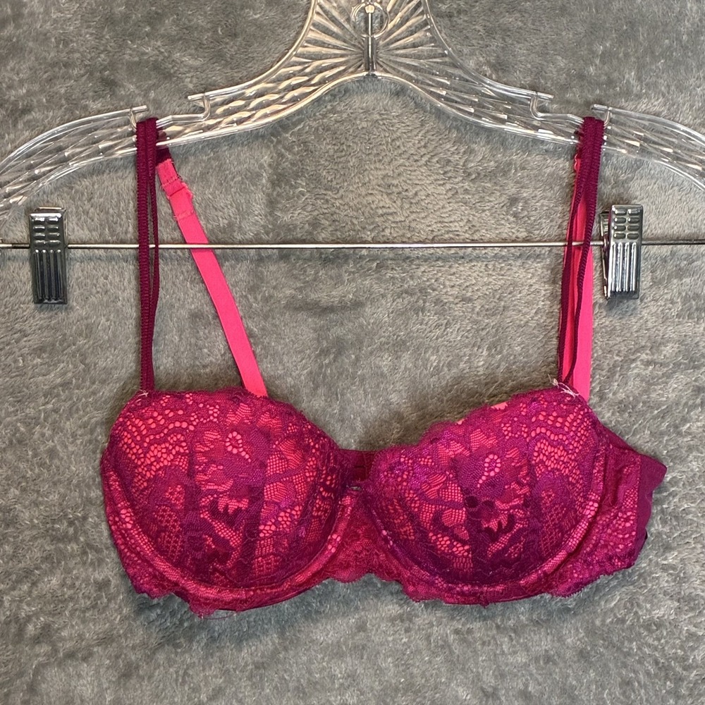 Pink Victorias Secret Womens Lace Push Up Demi Bra 32B Vibrant Coquette Y2K